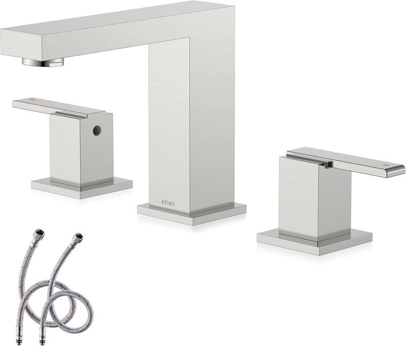 KENES 2 Handle Widespread Bathroom Faucets Brushed Nickel, Bathroom Sink Faucet 3 Hole Vanity Faucet with Lead-Free Supply Hose, KE-9050 - Image 1